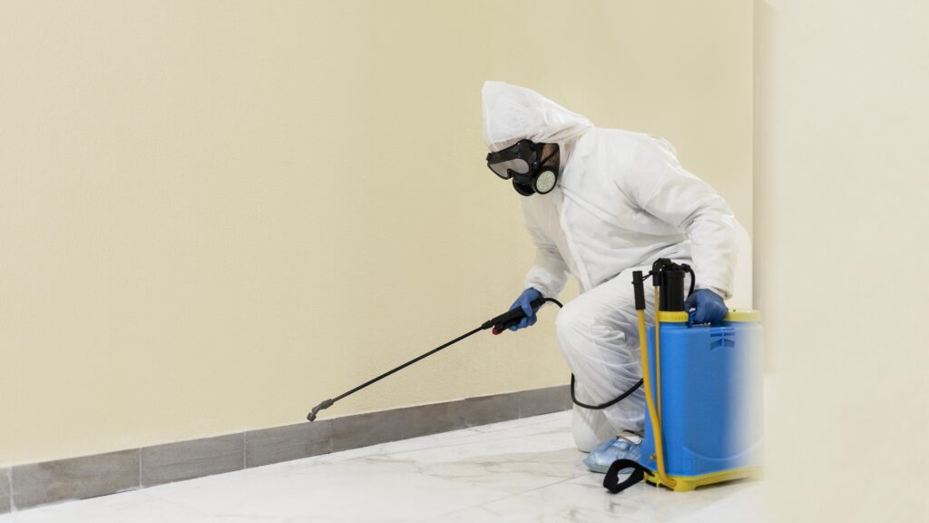 full shot man disinfecting wall