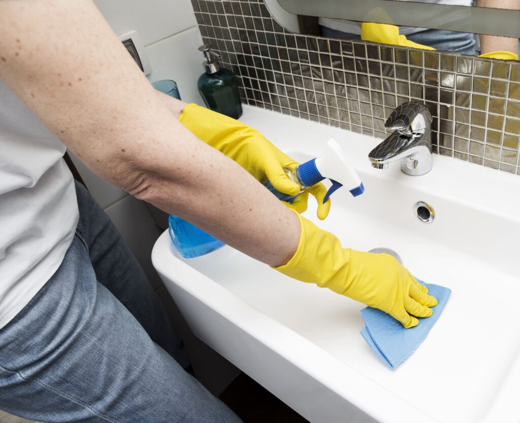 woman with rubber gloves cleaning sink (1)